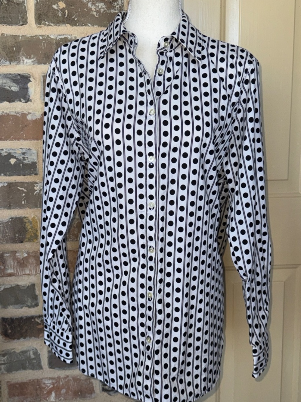 Jones NY Signature Black & White Polka Dot Stripe Button Up Shirt Preppy Career